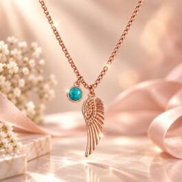 Close-up of a rose-gold-plated wing pendant and round turquoise-coloured imitation stone