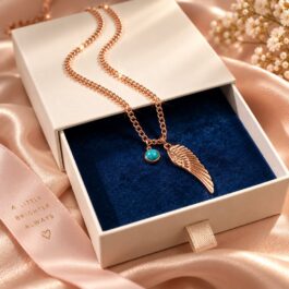 Rose-Gold-Plated Angel-Wing Necklace with Blue Charm