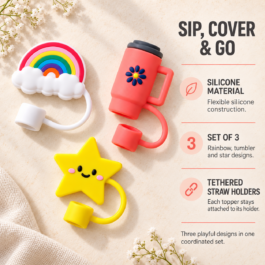Cute Silicone Straw Toppers – Rainbow, Tumbler & Star Set of 3