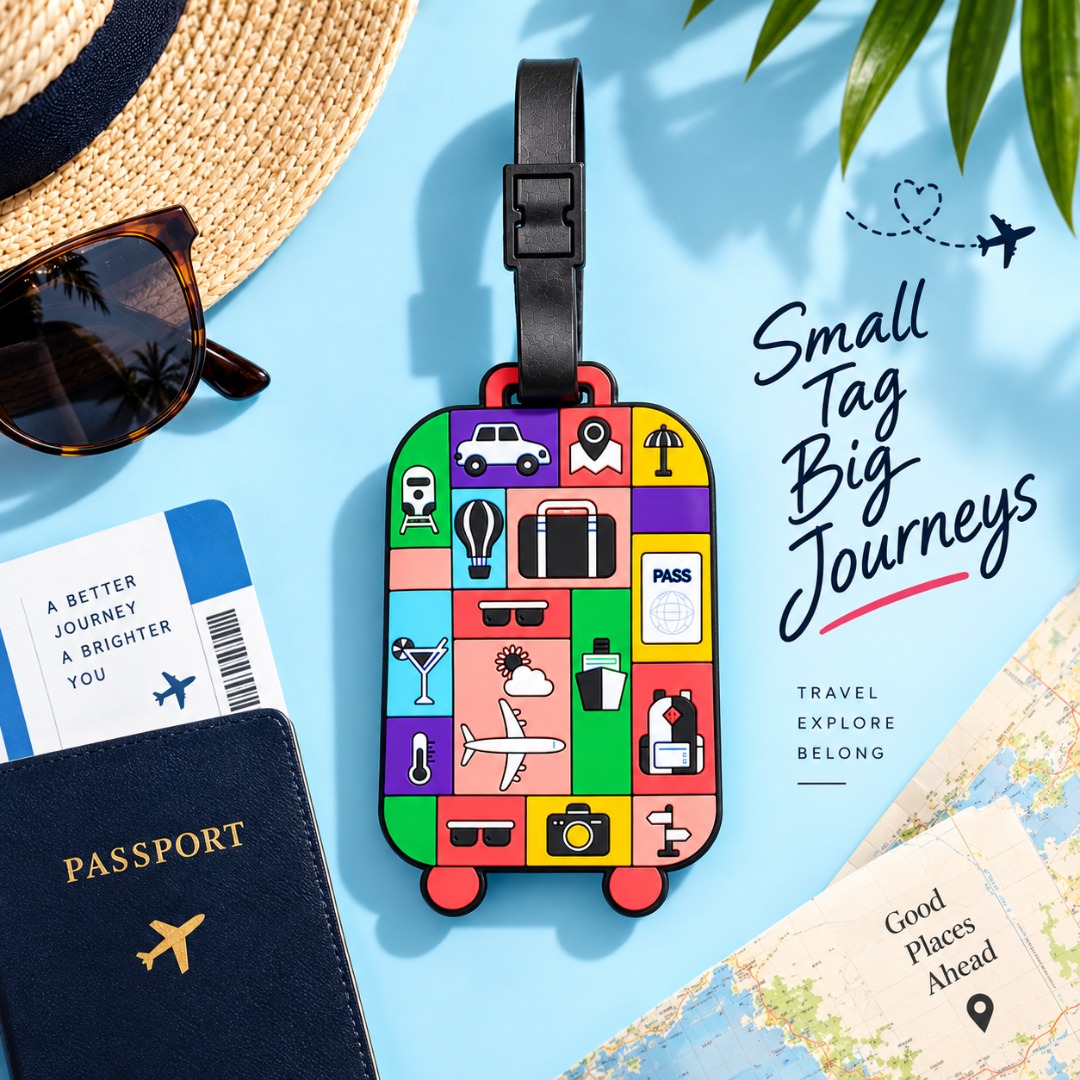 Colourful suitcase-shaped luggage tag beside a passport, sunglasses and travel map
