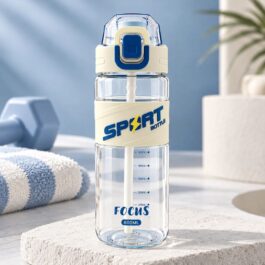 600 ml Sports Water Bottle with Straw – White & Blue