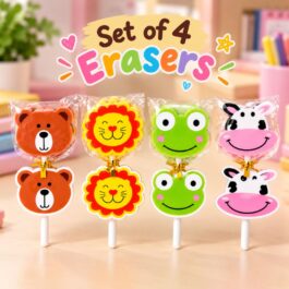 Set of four colourful animal erasers featuring bear lion frog and cow designs
