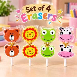 Set of four colourful animal erasers featuring bear lion frog and cow designs