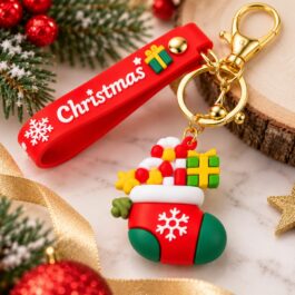 Christmas Stocking Keychain with Red Wrist Strap and Festive Charm