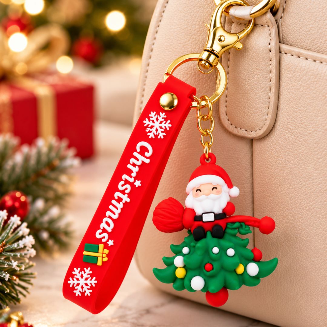 Santa sitting on a green Christmas tree 3D keychain with red silicone wrist strap perfect for secret santa