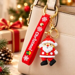 Santa Claus Christmas Keychain with Red Silicone Wrist Strap and Santa Charm