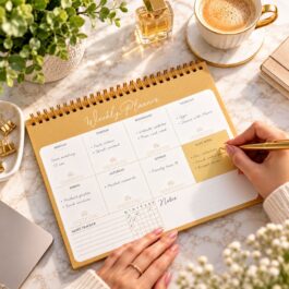 Weekly desk planner showing daily tasks habit tracking and notes