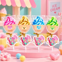 Set of four colourful ice cream shaped erasers in pink yellow blue and green Image Title:
