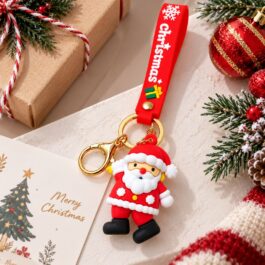 Santa Claus Christmas Keychain with Red Silicone Wrist Strap and Santa Charm